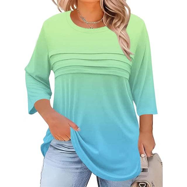 Neewe Womens Plus Size Tops 3/4 Sleeve Shirts Crewneck Pleated Blouses Dressy Casual Fashion Tunic Top (1X-5X)