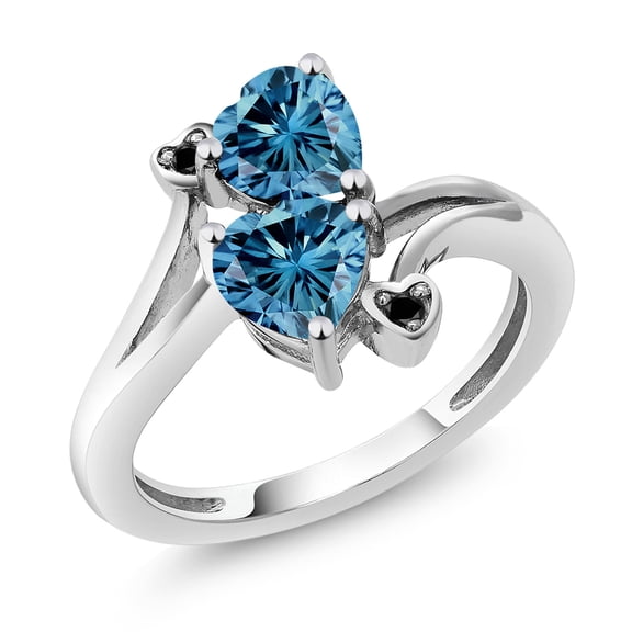 Gem Stone King 10K White Gold Persian Blue Moissanite and Black Diamond Engagement Ring for Women (1.63 Cttw, Gemstone Birthstone, Heart Shape 6MM, Size 6)