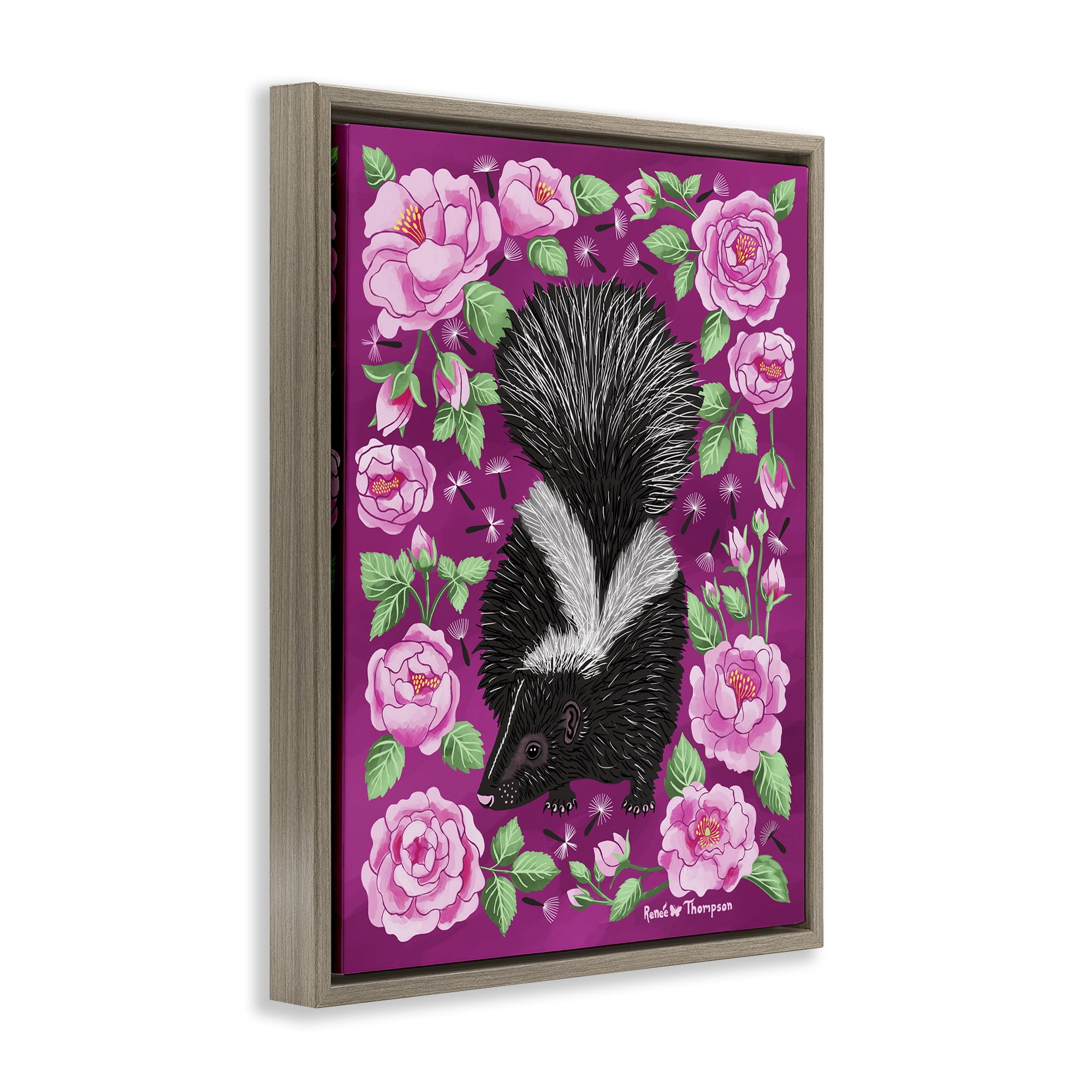 Stupell Industries Skunk & Rose Blossoms Animals Painting Brown Floater Framed Canvas Art Print Wall Art, 17 x 21