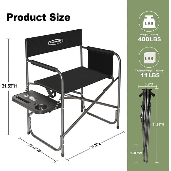 Camping Directors Chair, Lightweight Oversized Portable Folding Chair with Side Table and Storage Pockets for Outdoor Camping, Lawn, Picnic and Fishing, Supports 400lbs (Black)