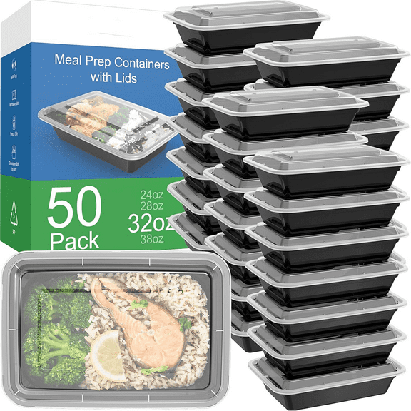 50 Pack (100-Piece)Food Storage, 32 oz Meal Prep Containers Reusable with Lids, Sturdy Leakproof and Food Safe, Microwave, Freezer, Dishwasher Safe Food Prep Containers