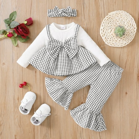 

PatPat 3pcs Baby Girl Black Plaid Bowknot Outfits Set Long Sleeve Faux Two Strapy Dress Shirt Tops and Elastic Waist Flared Bell Bottoms Pants Infant Baby Clothes with Headband 3-24Month