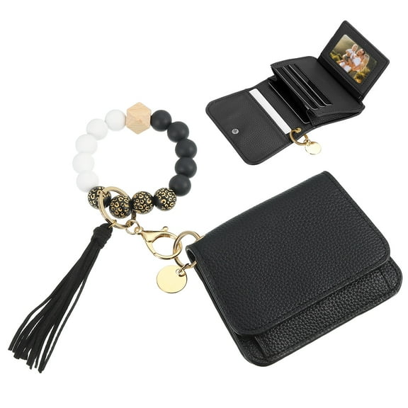 Uxcell Silicone Wooden Bead Bracelet Keychain Wallet for Women, Black