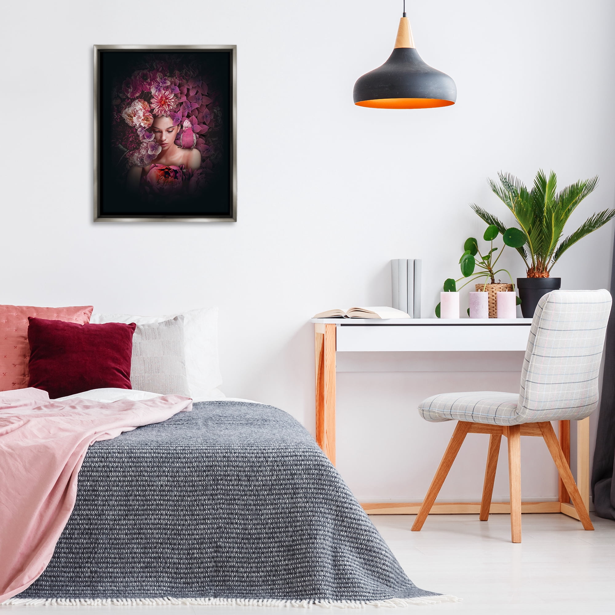 Stupell Industries Circular Flowers Woman Plants & Flowers Painting Gray Floater Framed Canvas Art Print Wall Art, 25 x 31