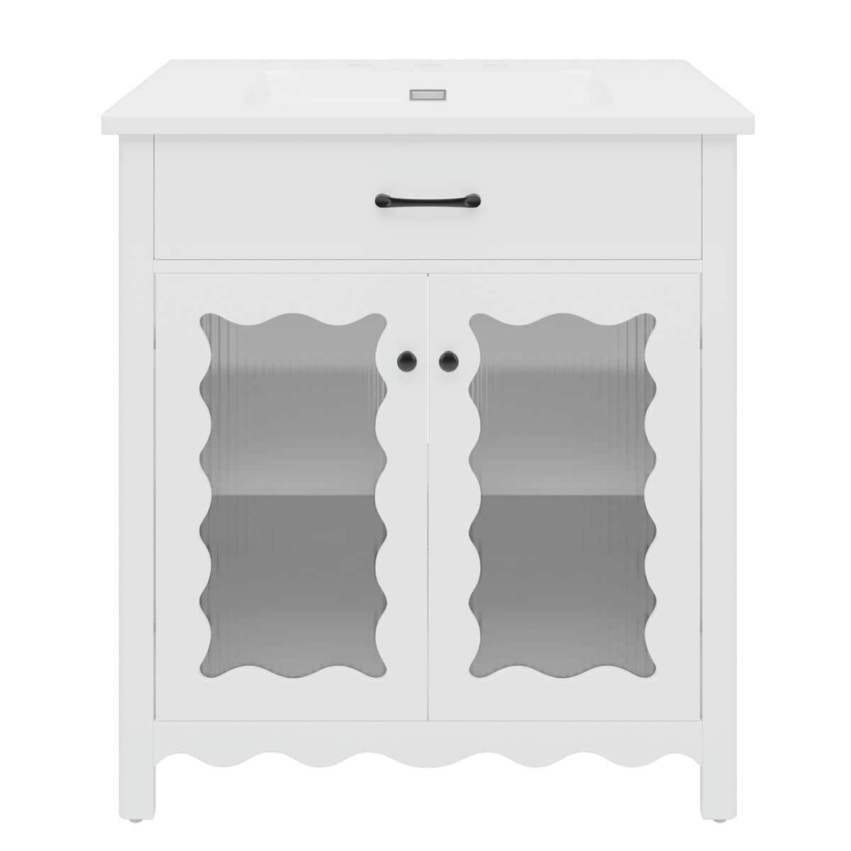 Spaco 31" Bathroom Vanity with Tempered Glass, Modern Bathroom Cabinet with Rubber Wood Legs and Soft Close Doors for Indoor, White