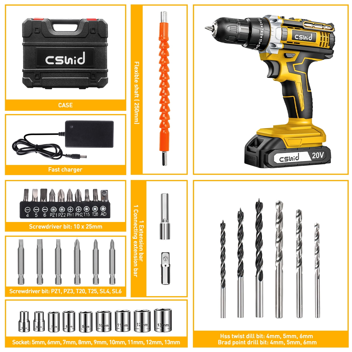 Cshidworld 20V Cordless Power Drill Set, Drill Kit with 1 Lithium-Ion & Charger, 3/8" Keyless Chuck, Electric Drill W/ 2 Variable Speed & LED Light, 25+1 Position and 34pcs Drill/Driver Bits(Yellow)