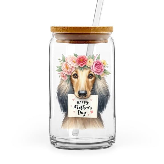 Happy Mother's Day Afghan Hound with Flower Crown and Greeting Card 16oz Glass Cup Mug Dog Lover Glass Can with Bamboo Lid and Straw - 13004