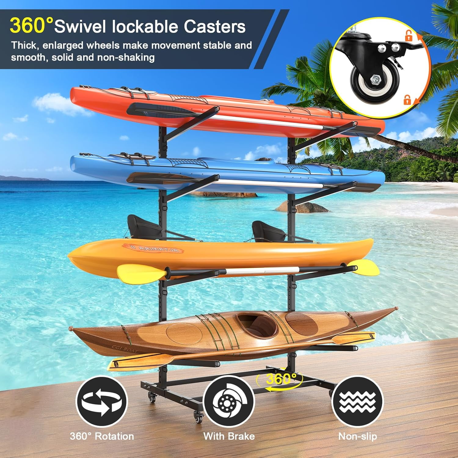 Selooye Kayak Storage Rack, Freestanding Heavy Duty Adjustable Kayak Stand Indoor Outdoor Storage Rack Garage, with Wheels and Foot Pad, for Kayaks, SUPs, Canoes, Surfboard