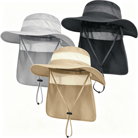 TELOLY 3 Pack Mens Upf 50+ Wide Brim Sun Hat with Neck Flap for Fishing Hiking Garden Breathable Sun Hat Men