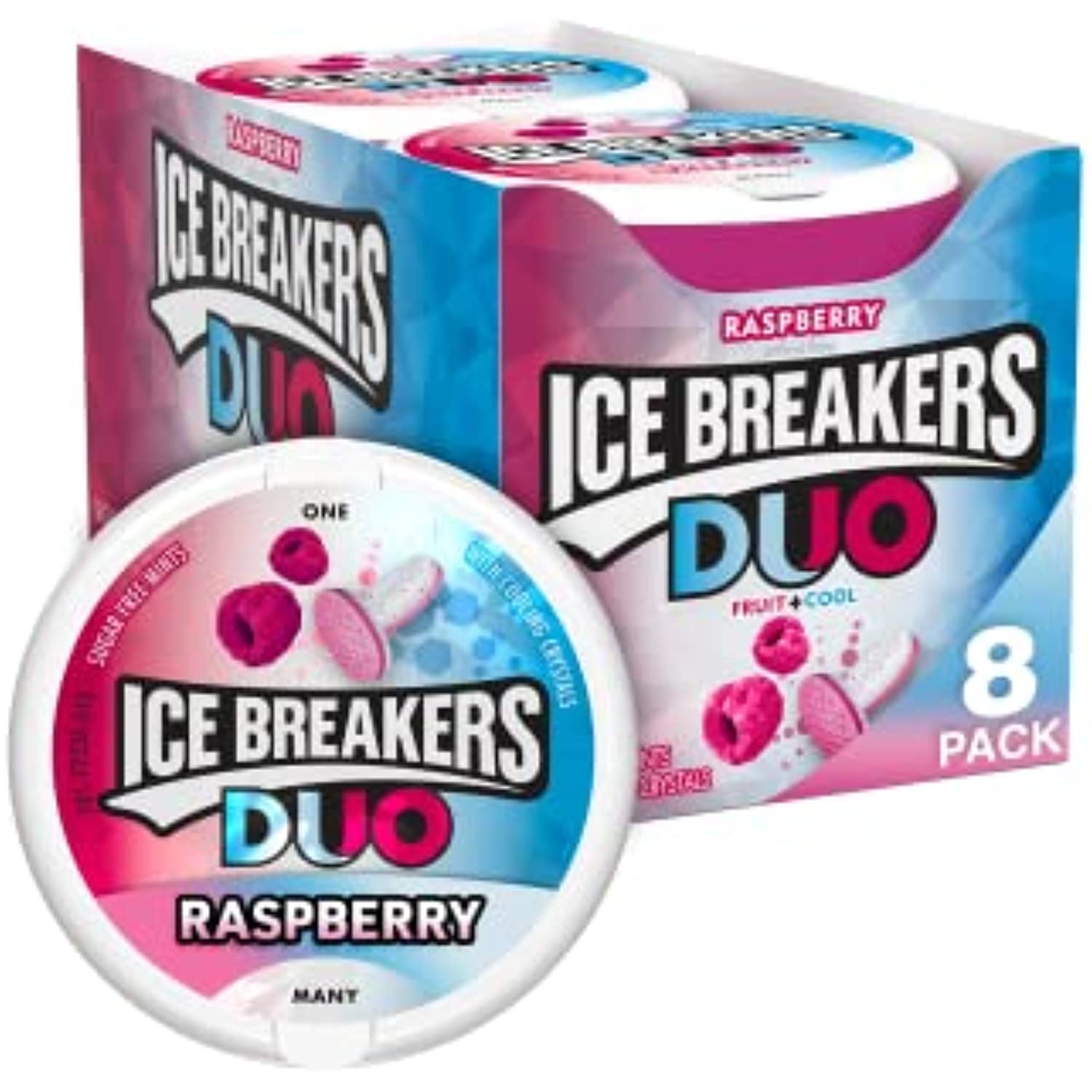 Ice Breakers Duo Raspberry Flavored Sugar Free Breath Mints, 1.3 Oz Tins (8 Count)