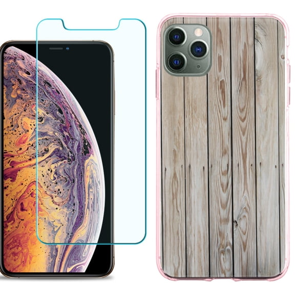 For Apple iPhone 11 Pro Max Case , Slim-Fit TPU Protective Phone Case (Pink Bezel) with Tempered Glass Screen Protector, by OneToughShield ® - Wood Print