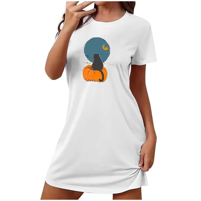 Sakmal Robes de Nuit d'Halloween Moomoo pour Femmes Ultra Douces Blanches Grande Taille Pyjama Confortable Robe de Nuit Imprimé Chat Noir Courte Col Rond Manches Courtes Robes de Nuit P-2TG