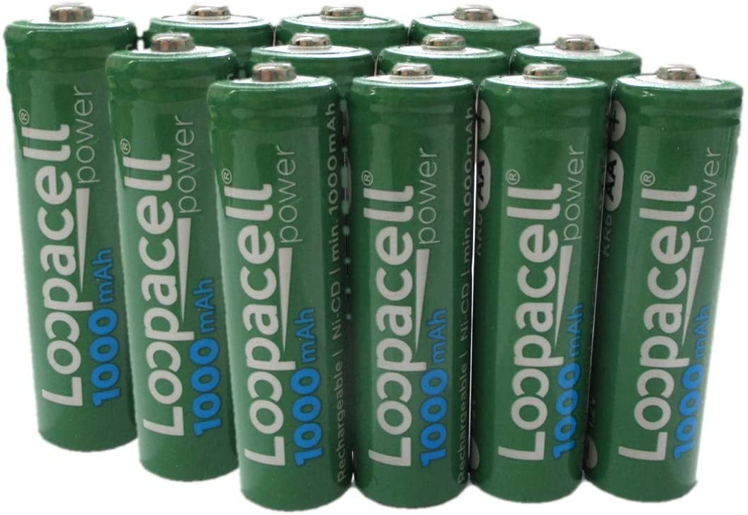 12 Loopacell AA Rechargeable NiCD Battery, 1.2V 1000mAh High Capacity AA Batteries for Solar
