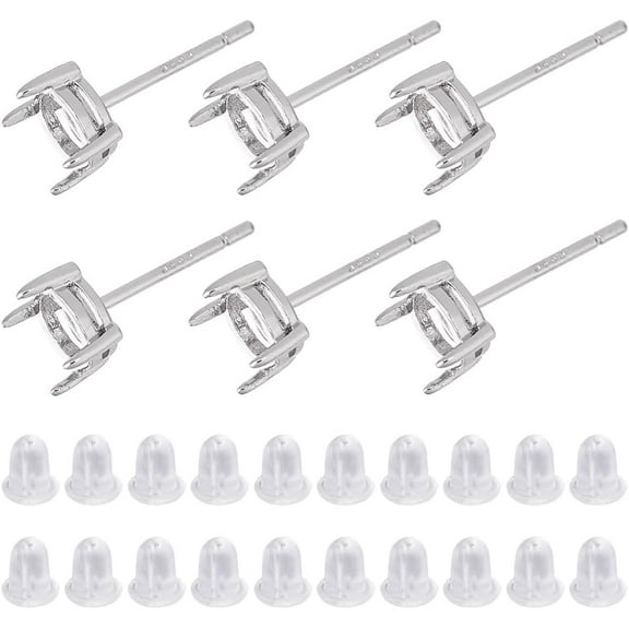 925 Sterling Silver Earring Posts 3 Pairs Platinum Stud Earring Findings 6mm Round Prong Earring Setting with 20Pcs Plastic Ear Nuts for DIY