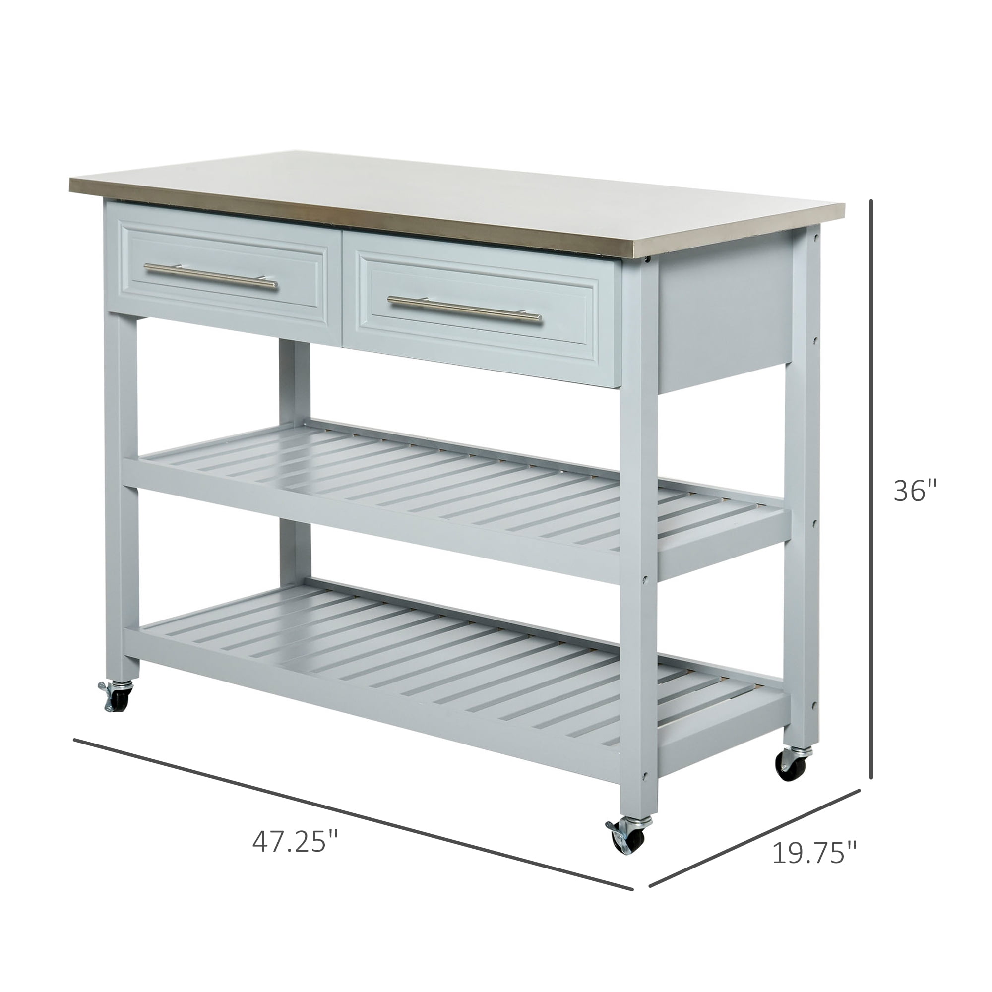 HOMCOM 47" Rolling Kitchen Island Cart with Drawers, Shelves, and Stainless Steel Top, Gray