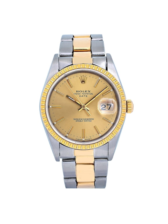 Pre-Owned Rolex Date 34MM 15053 Champagne Dial Engine Turned Bezel Two Tone Yellow Gold Oyster Bracelet