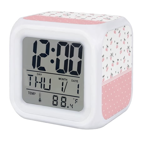 Pink Cherry Digital Alarm Clock for Bedrooms,Smart LED Alarm Clock with 7 Color Changing Night Light,Elegant Pastoral Farmhouse Art Polka Dots Silent Wake Up Clocks for Sleep Study Cooking 3.2x3.2