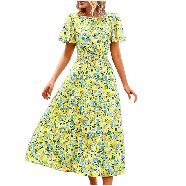 QIPOPIQ Robes pour Femmes Robe Fluide à Volants Manches Courtes Imprimé Tendance Décontractée Robes d'Été Robe Col Rond Robe Moulante Offres 2023