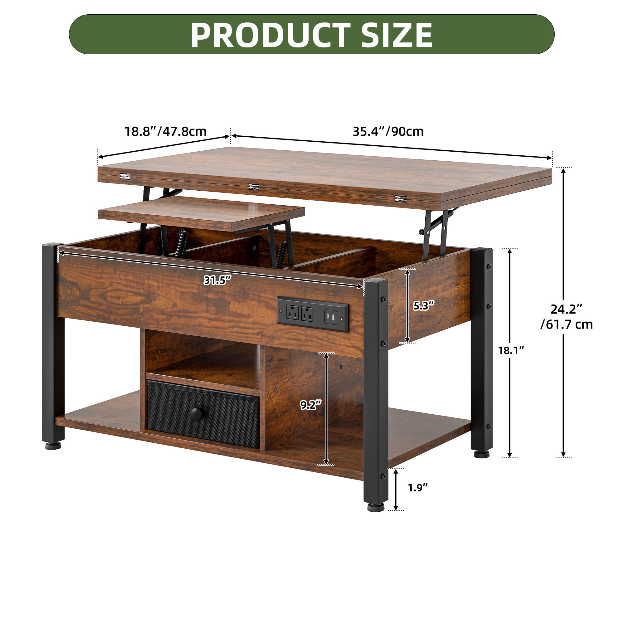 Uforic 4-in-1 Lift Top Coffee Table with RGB Light, Storage, Power Outlets, Dual Tops, Brown