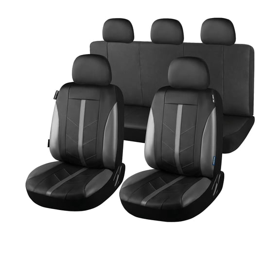 Goodyear Universal Fit 11-Piece Automotive Seat Cover Set, Faux Leather with Carbon Fiber Trim, Black / Gray
