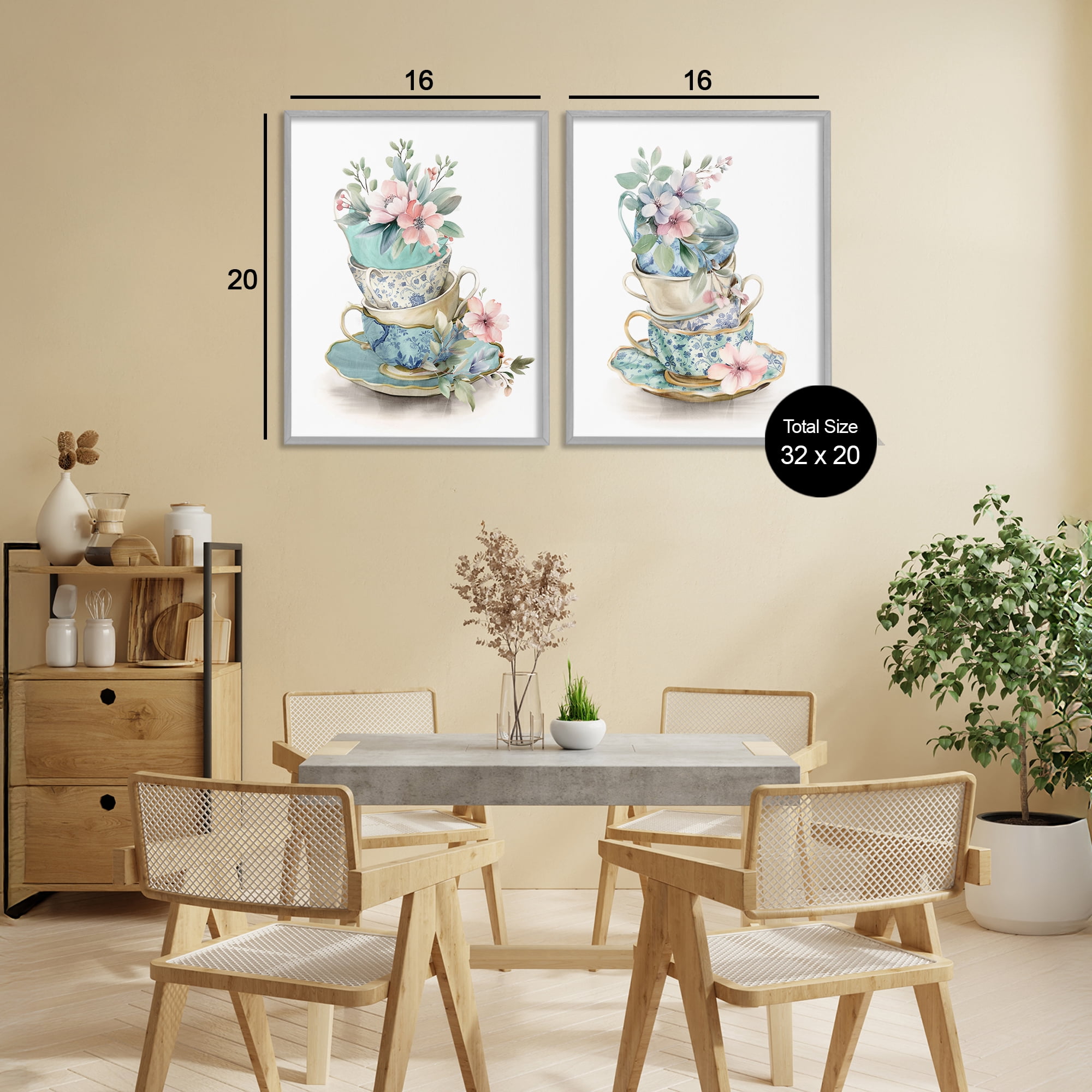 Stupell Industries Stacked Teacup Chinoiserie 2 Piece Gray Framed Giclee Art Set, design by Kim Allen