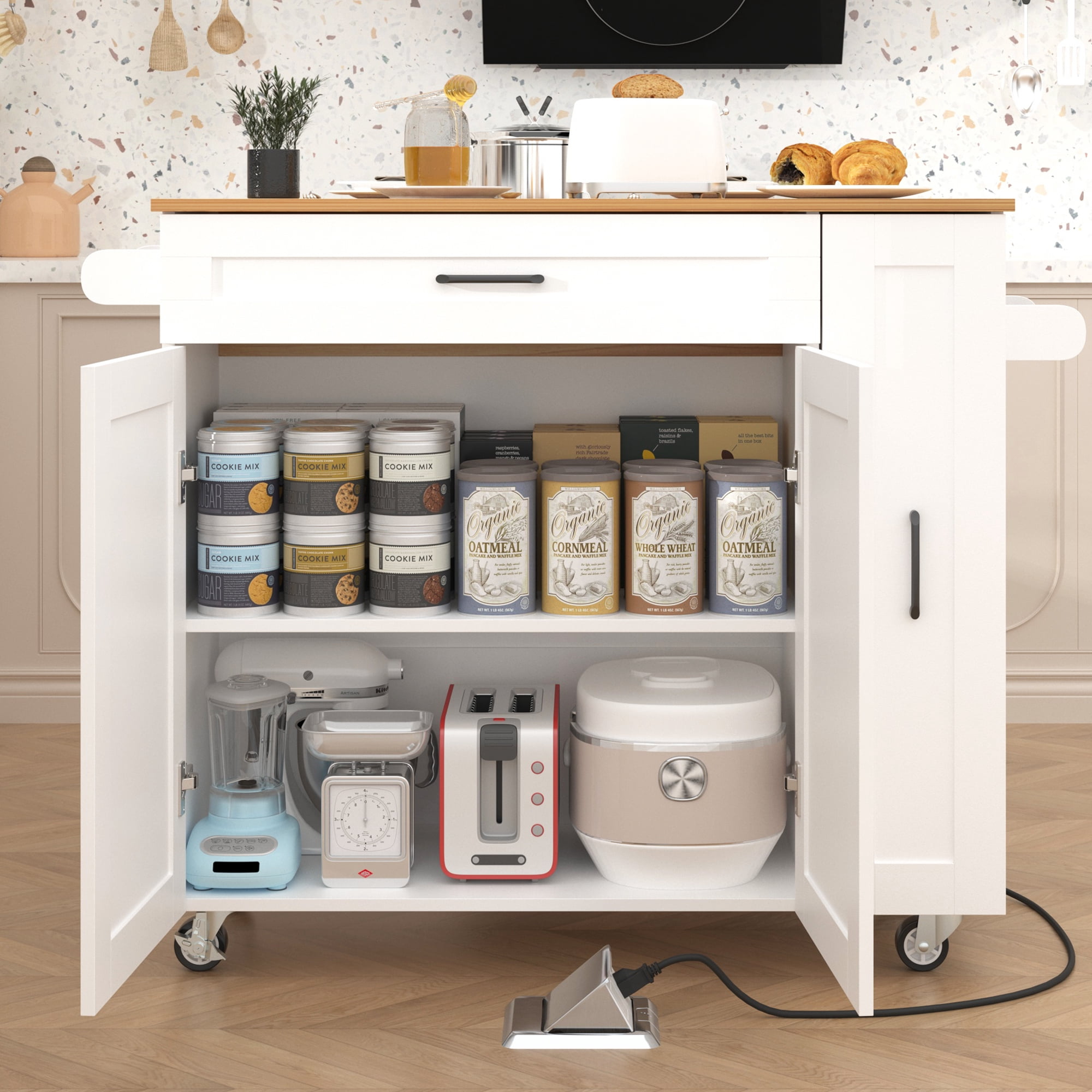 NAIYUFA Kitchen Island with Wheels & Adjustable Shelf,Modern Kitchen Islands with Power Outlets,Door Storage Cabinet,Drawers