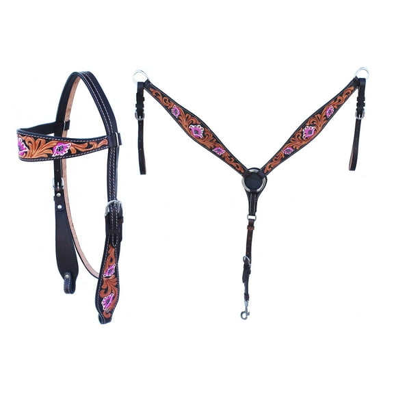 Horse Western Floral Tooled Browband Bridle Breast Collar Tack Set Pink 78HR23B