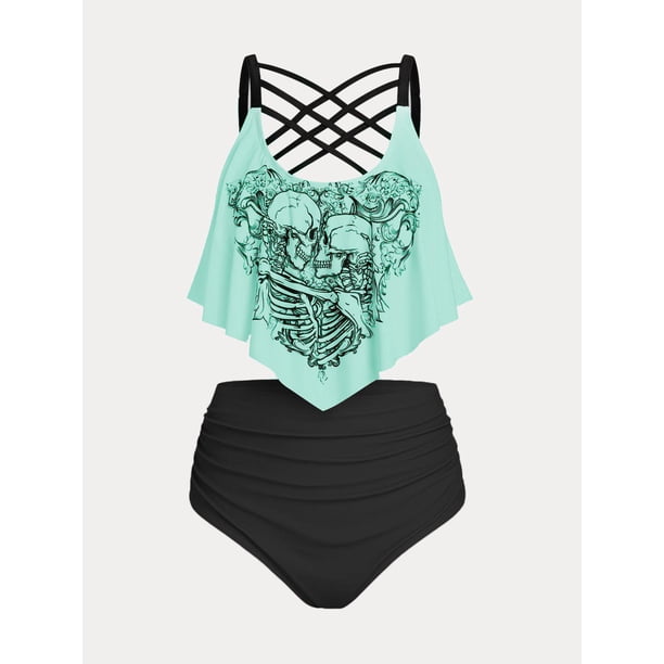 Tankini de Talla Grande con Volantes con Estampado de Esqueleto Rosegal Leggings de talla grande