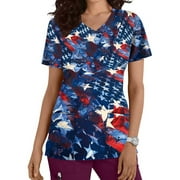 Womens Nursing Scrub Tops 4th of July Patriotic Flag Print Working Uniform Short Sleeve V Neck Workwear Blouse T-shirt with Pockets, Gift on Clearance