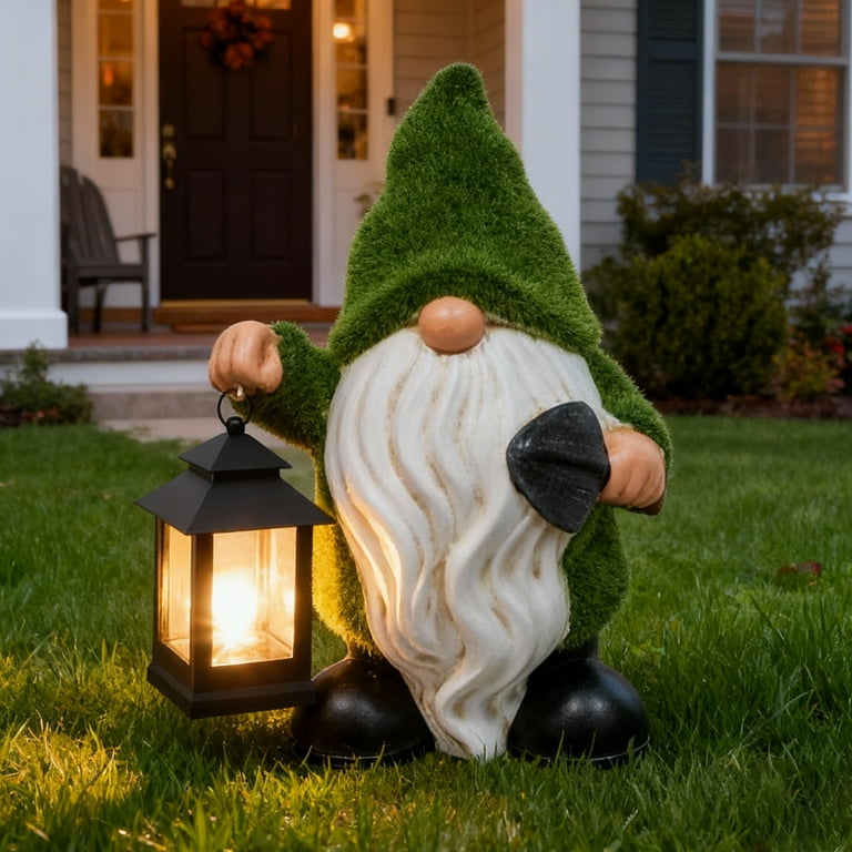 Mainstays Solar Mossy Gnome Garden Statue with LED Lantern