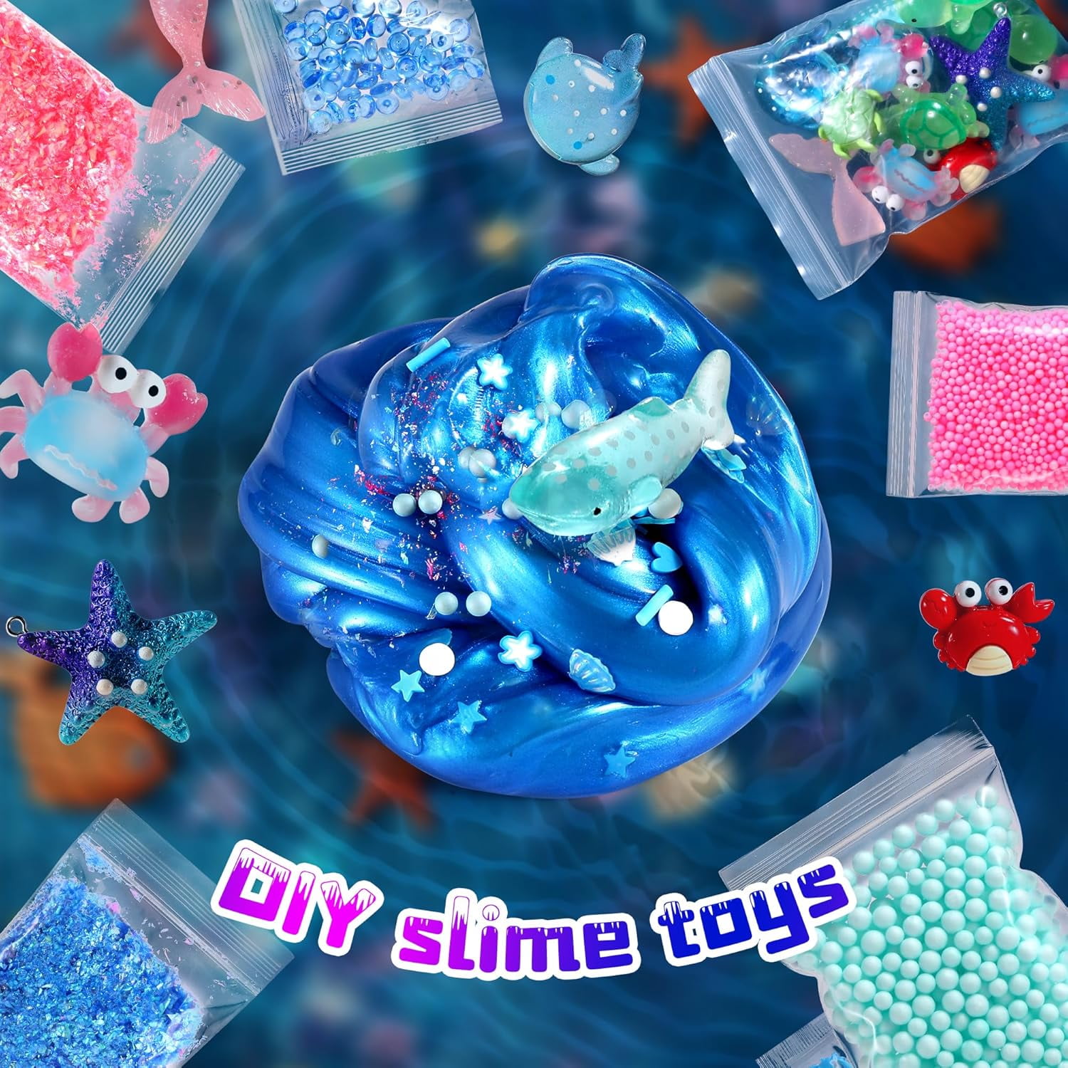 Ocean Slime Kit For Kids, Large Non-Sticky Soft Sludge And Metallic Clay Set, Sensory Fidget Toy For Boys And Girls Ages 4-12, Ocean Blue