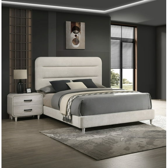 Contemporary 3pc King Upholstery Bed Dresser Mirror White Wooden Bedroom Set