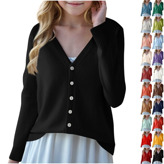 Husipze Girls V-neck Knit Cardigan Sweater Button Front Knit Fall Outwear Long Sleeves Lightweight for Fall Winter School Black 6-7 Years