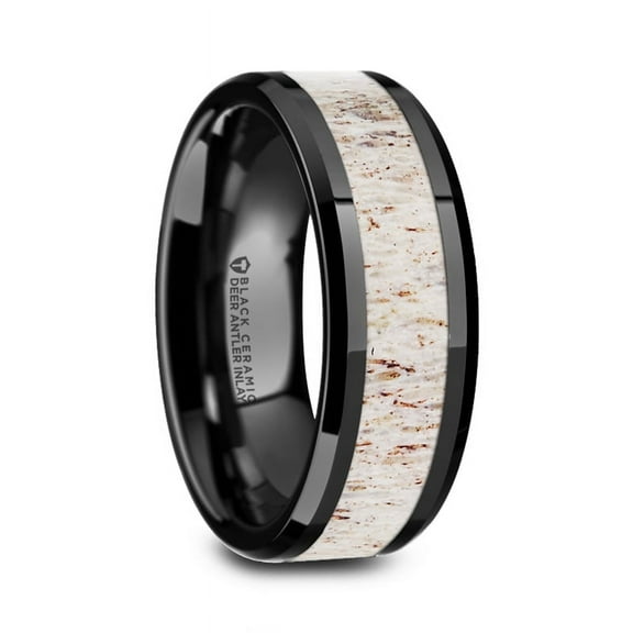 Stag Black Ceramic Beveled Mens Wedding Band With Off White Antler Inlay