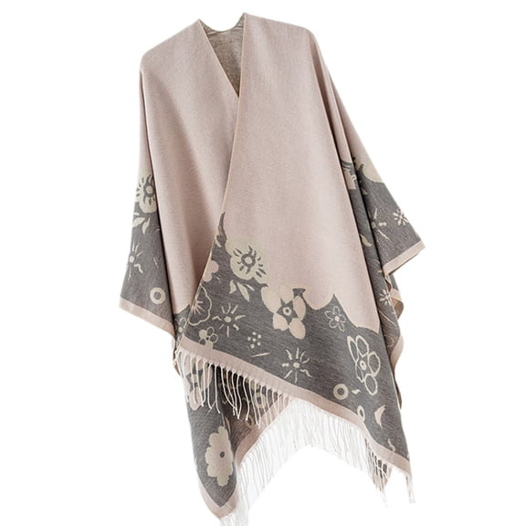 Women's Vintage Flower Pattern Tassels Open Front Ponchos Capes Color Blocking Cardigan Wrap Shawl Fringe Sweater Cloak