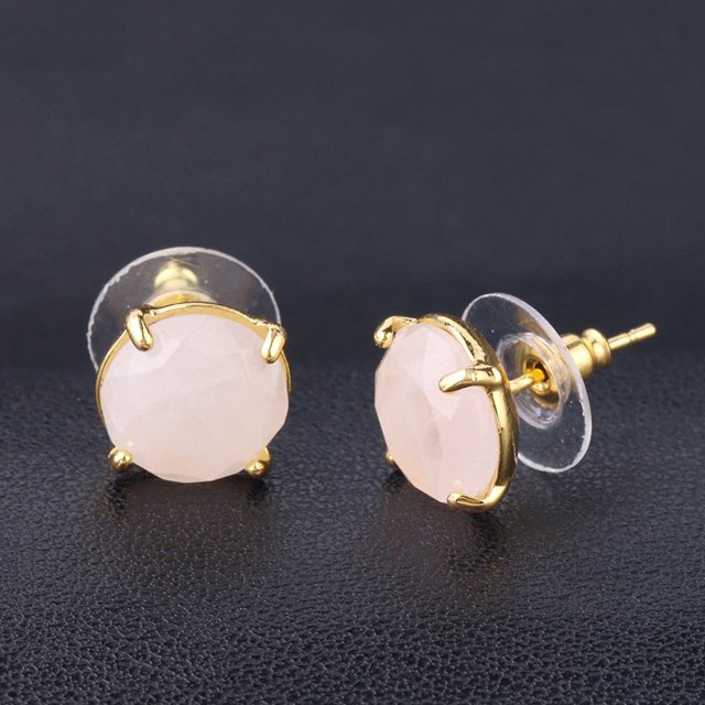 Boucles d'Oreilles Rondes en Cristal Rose Quartz Doré pour Femmes Bijoux