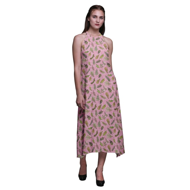 Bimba Robe Longue Dos Nu à Imprimé Feuilles pour Femmes, Col Licou, Tenue de Plage, Très Grande Taille