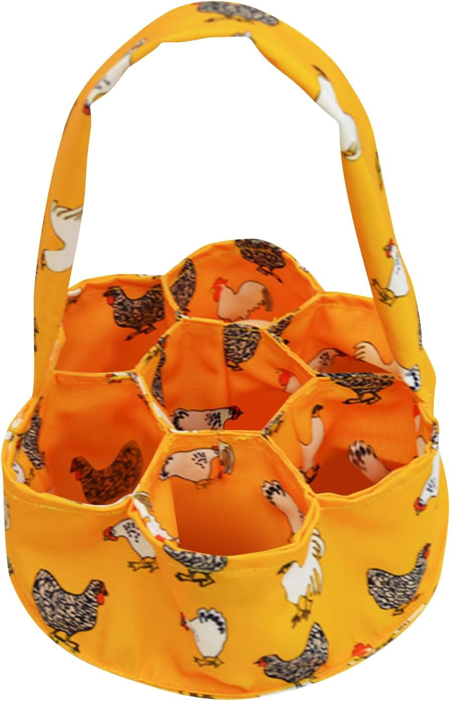Egg Basket Canvas Collecting Holder with 7 Pouches, Extended Handle, Farm Fresh Carrier for Chicken Duck Goose Eggs, Orange