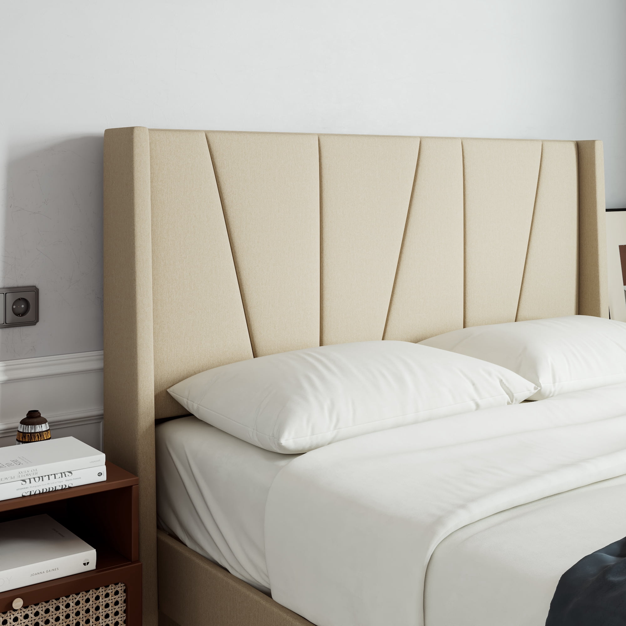Sha Cerlin Queen Bed Frame, Upholstered Platform Bed with Wingback and Geometric Headboard, Beige