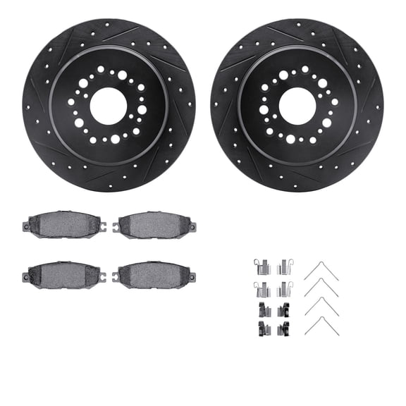 Dynamic Friction Company Rear Brake Rotors-Drilled and Slotted-Black with 5000 Advanced Brake Pads includes Hardware 8512-75009