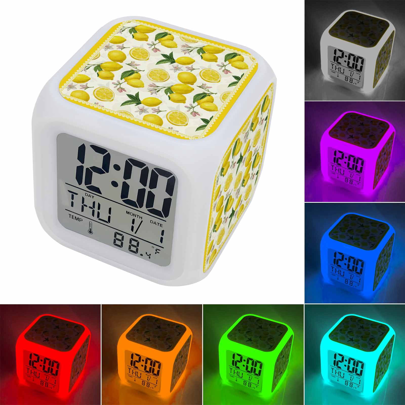 Yellow Summer Lemon Digital Alarm Clock for Bedrooms, Smart LED Alarm Clock with 7 Color Changing Night Light, Summer Botanical Watercolor Silent Wake Up Clocks for Sleep Study Cooking 3.2"x3.2"
