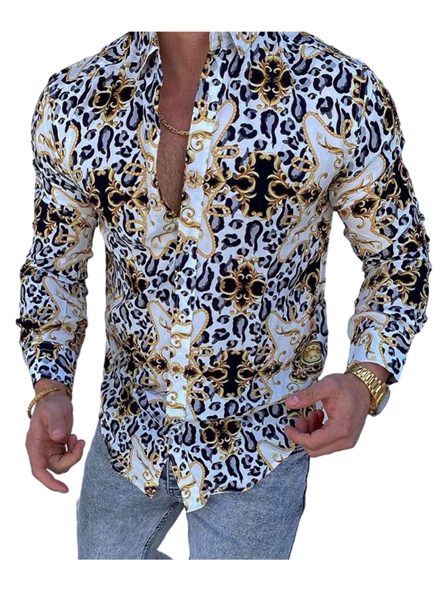 SANHION Mens Casual Long Sleeve Luxury Design Print Dress Shirt