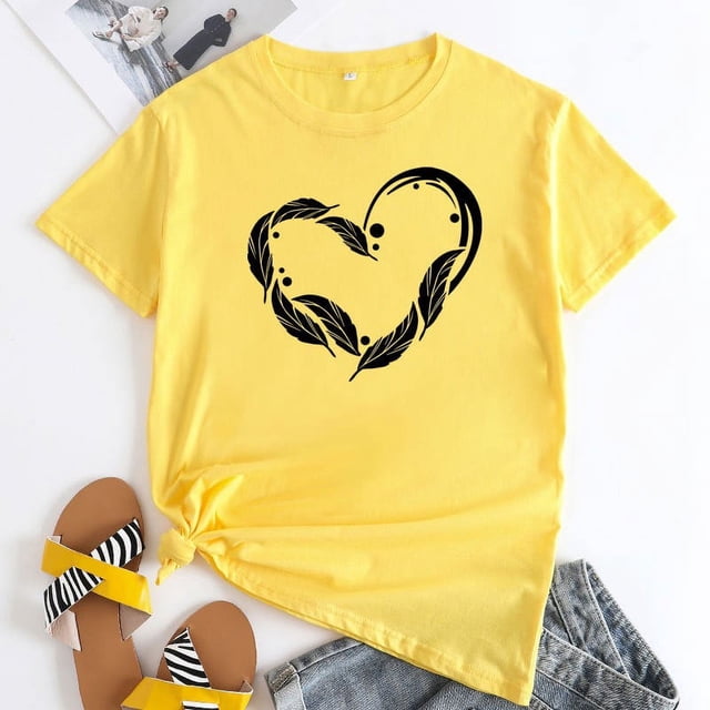 Fiudx Ofertas Flash Artículos En Oferta Camisetas Informales de Manga Corta con Cuello Redondo y Estampado de Amor para Mujer