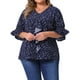 thumbnail image 1 of Blusa de mujer de tallas grandes GRACE & GRANDEUR con volantes en el frente, mangas fruncidas, cuello en V, tops casuales sólidos 2X azul oscuro, 1 of 6