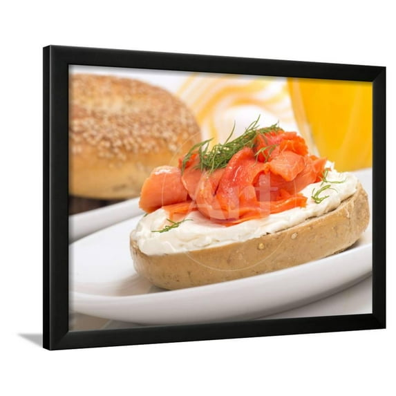 Delicious Freshly Baked Everything Bagel with Cream Cheese, Lox and Dill Served with Fresh Orange J, Framed Art Print Wall Art by HHLtDave5 Sold by Art.Com