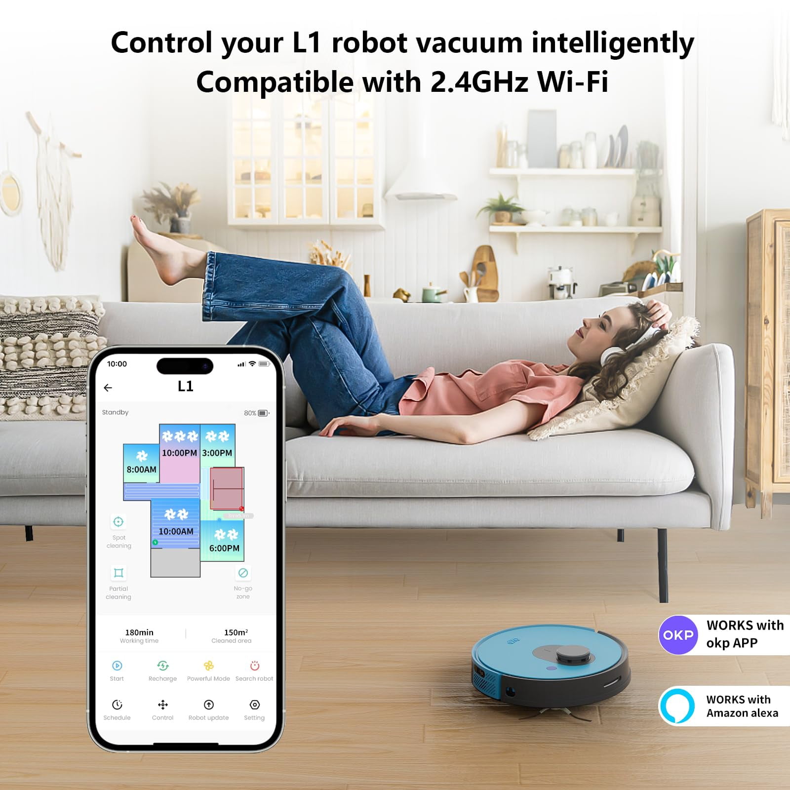 OKP Smart Mapping Robot Vacuum, WiFi/App/Alexa, LIDAR Navigation, Anti Collision and Anti-Fall, Self-Charging, Ideal for Hard Floor, Pet Hair, Carpet