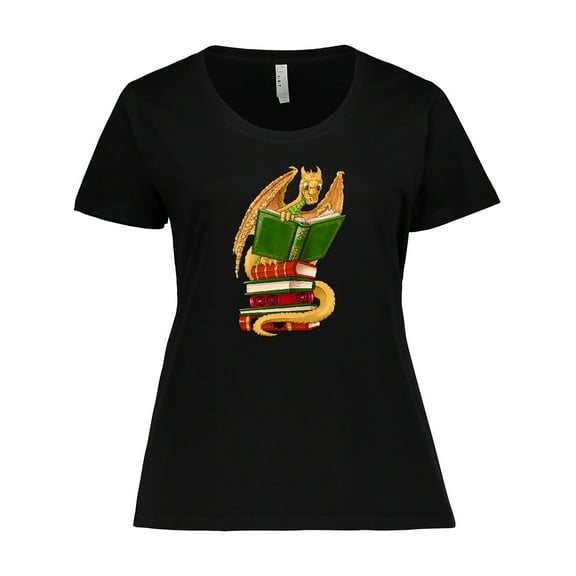 Inktastic Well-Read Cute Gold Dragon Reading Books Women's Plus Size T-Shirt