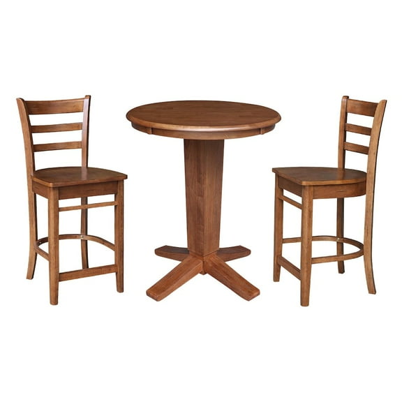 30" Solid Wood Round Top Pedestal Dining Table with 2 Counter Height Stools