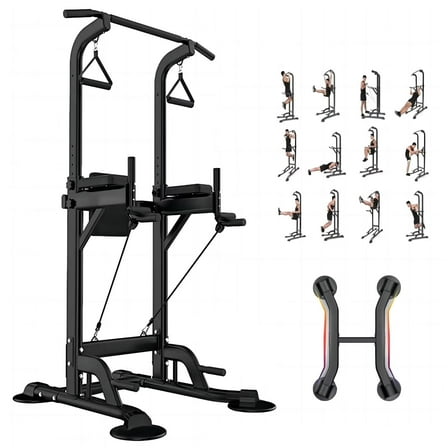PROHIKER Power Tower Dip Station, Pull Up Bar Stand Power Rack with Backrest and Resistance Band, Height Adjustable Strength Training Equipment for Fitness Home Workout, Black