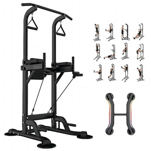 PROHIKER Power Tower Dip Station, Pull Up Bar Stand Power Rack with Backrest and Resistance Band, Height Adjustable Strength Training Equipment for Fitness Home Workout, Black